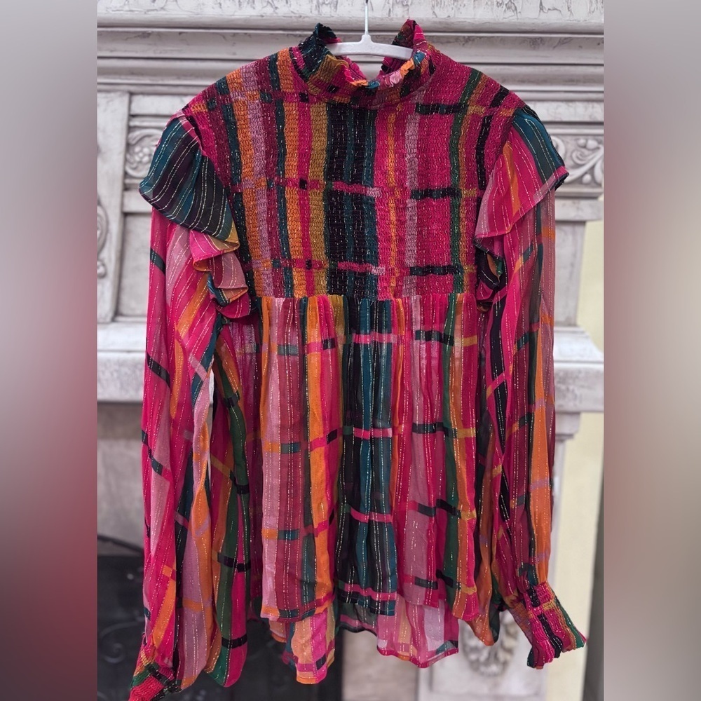 Bl^nk Anthropology Mock Turtleneck Multi-colored Striped Ruffled Blouse Small